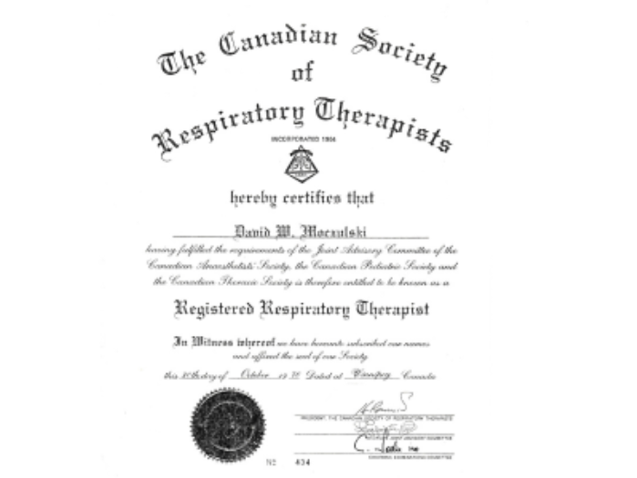 Dave Moczulski’s respiratory therapy certificate highlighting being 434 in Canada to be registered under this association, founded in 1964.