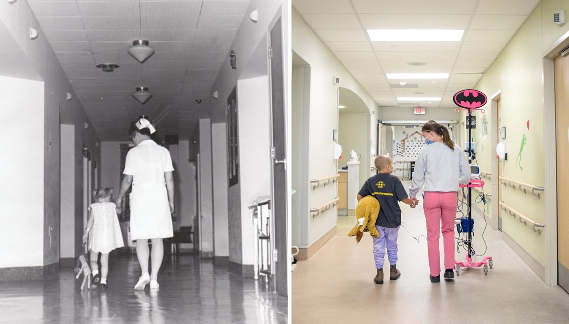 A paediatric nurse walks with a patient in the halls of Children’s Hospital in the fall of 2022.