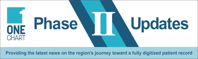 Banner showing the logo for the One Chart Phase II Updates newsletter. Providing the latest news on the region's journey toward a fully digitized patient record.