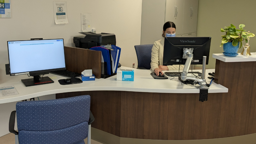 Photo credit: Listowel Wingham Hospitals Alliance. Image: The computer station next to the clerk desk where patients fill out Your Symptoms Matter at Wingham and District Hospital