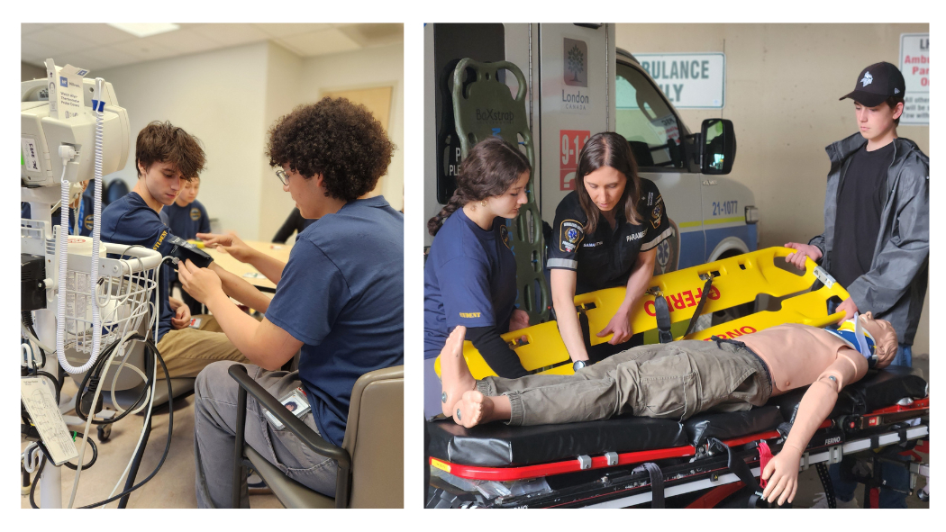 From left: Students practice how to take blood pressure; Samantha Vollick-Quinlan from Middlesex-London Paramedic Service (MLPS) demonstrates to students how they respond to a traumatic incident. 