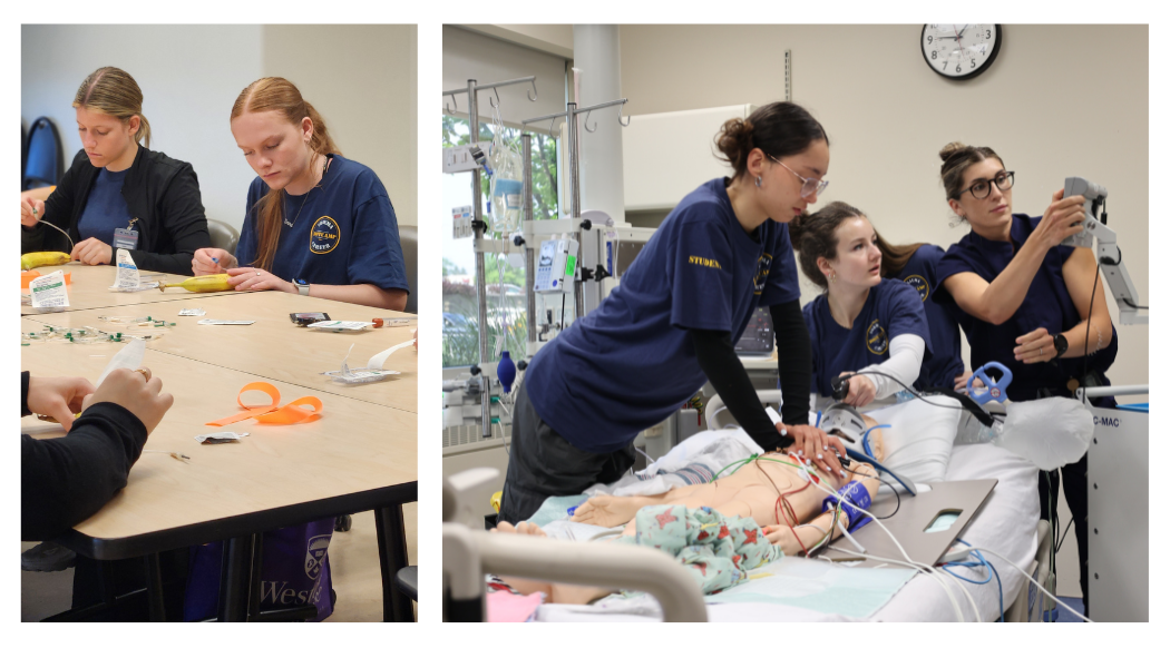 From left: Students learn how to insert a needle intravenously (IV) using bananas. The veins on the side of bananas work well as a guiding line for learning how to insert IVs. The students run through a simulation in the Paediatric Critical Care Unit (PCCU) where they practiced CPR, respiratory support and what to do when a patient’s condition worsens. 