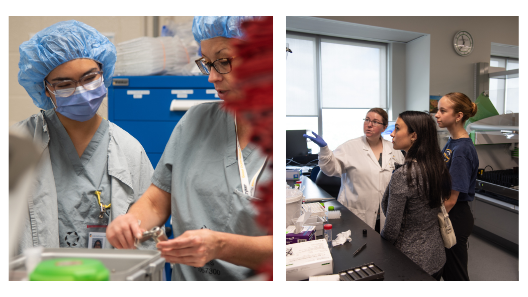 From left: During a placement, a student learns about medical device reprocessing; two students in the Pathology and Laboratory Medicine (PaLM) labs during placement. 