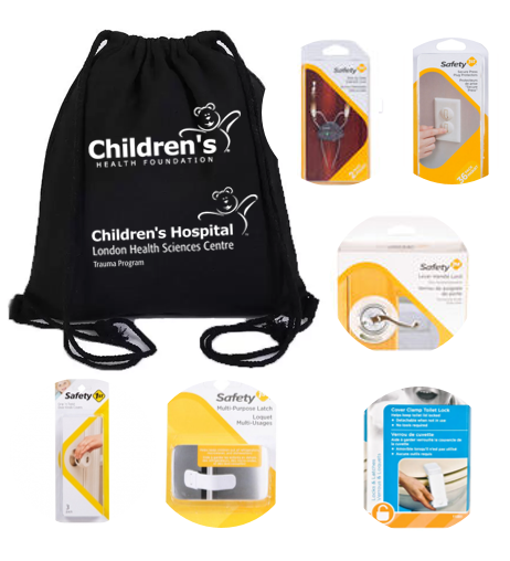 Black kit bag with Children's Hospital logo, cabinet side-by-side lock, plug protectors, lever door knob lock, grip-n-twist door knob cover, multipurpose latch and toilet lock