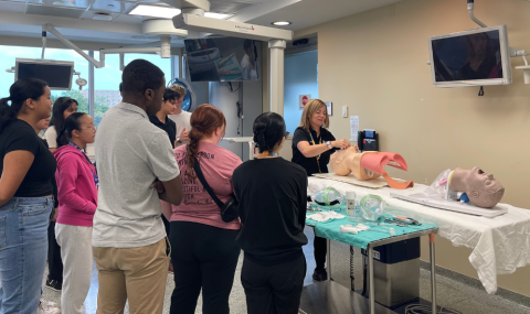 Karen Siroen, CSTAR Surgical Suite Associate at LHSC, demonstrates intubation and extubation of the endotracheal tube for students as part of CSTAR’s medical simulation program. 