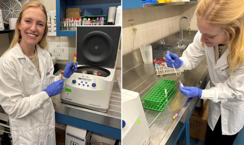 Cadence Baker, Research Coordinator, uses a centrifuge.