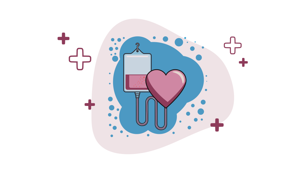 This is digital image of an IV bag and a heart, which represents the process of blood transfusion.